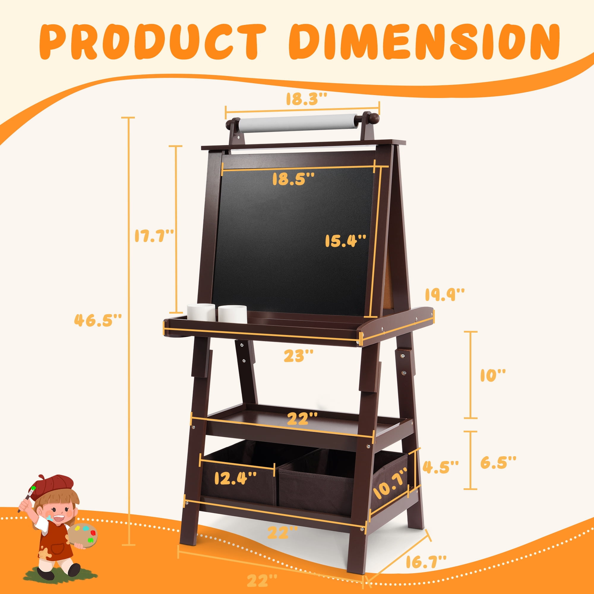 BalanceFrom 3 in 1 Kid Art Easel, Double-Sided Wooden Easel Chalkboard, Magnetic Whiteboard & Paper Roll, Standing Easel w/ 2-Tier Rack & 2 Storage Boxes, Children Easel for Kid, Boys, Girls, Coffee