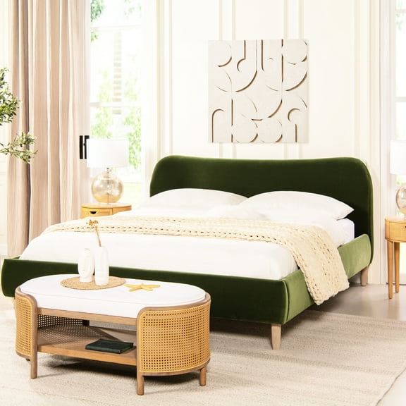 Curved Headboard King Platform Bed In Rich Olive Velvet With Design Elegant Upholstered