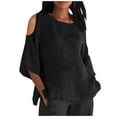 thumbnail image 2 of Fanxing Linen Shirt Women Plus Size Cold Shoulder Tops Breathable Cotton Linen 3/4 Sleeve Shirts Vacation Dressy T Shirts S-5XL, 2 of 6