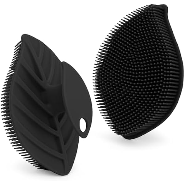 wonima11 2 Pack Silicone Body Scrubber, Soft Silicone Loofah, Gentle Exfoliating Body Scrubber for Sensitive Skin, Leaf Shaped Shower Scrubbers, Silicone Scrubbers Body Brush for Women Men (Black)