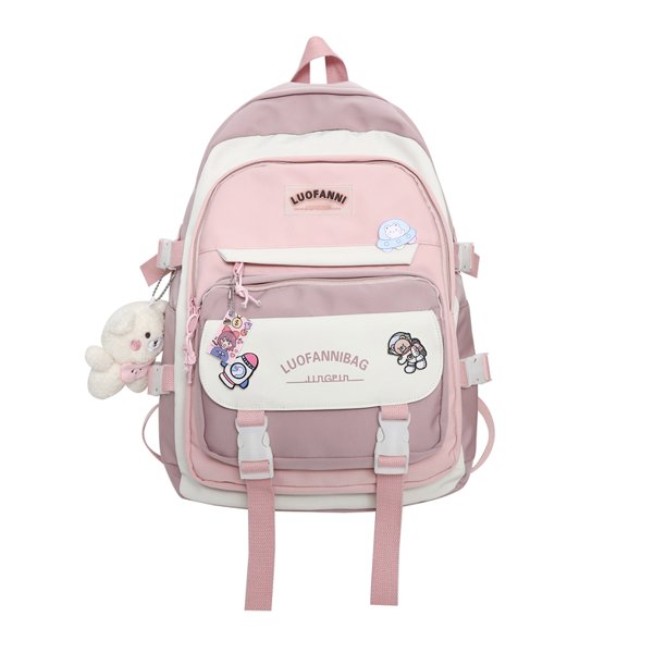 Nueva mochila de estudiante, mochila de estilo universitario de color de contraste de moda, bolsa de decoración de insignia linda