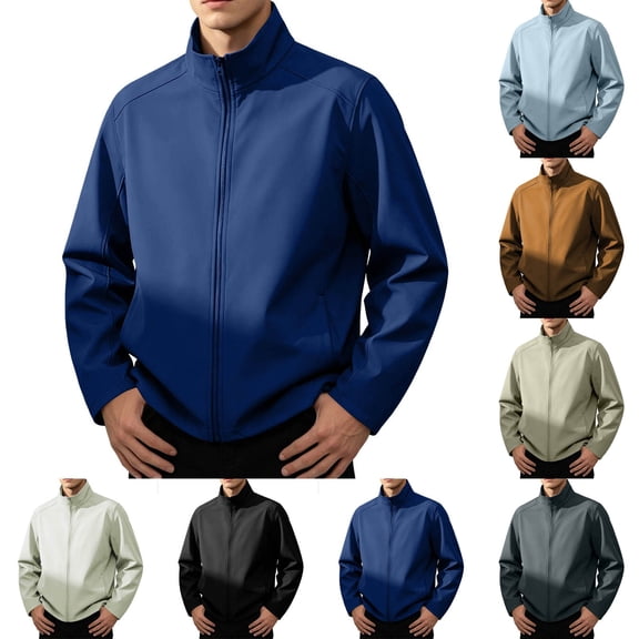 Fanshiluo Men's Stand Collar Full-Zip Long Sleeve Jacket, Lightweight Windproof Casual Outerwear with Side Pockets for Men,L,Big and Tall Men