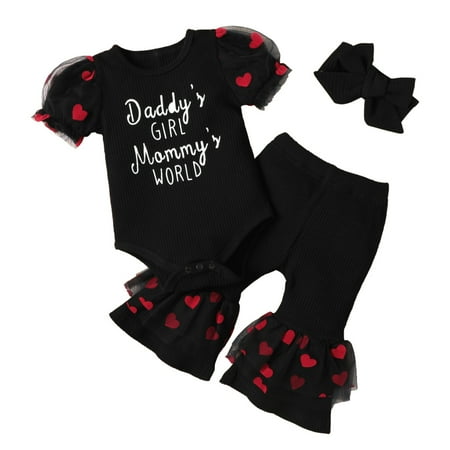 

Esho Newborn Baby Girls Clothes Heart Printed Romper+Flare Lone Pants Legging+Headband Outfits Set 0-18 Months