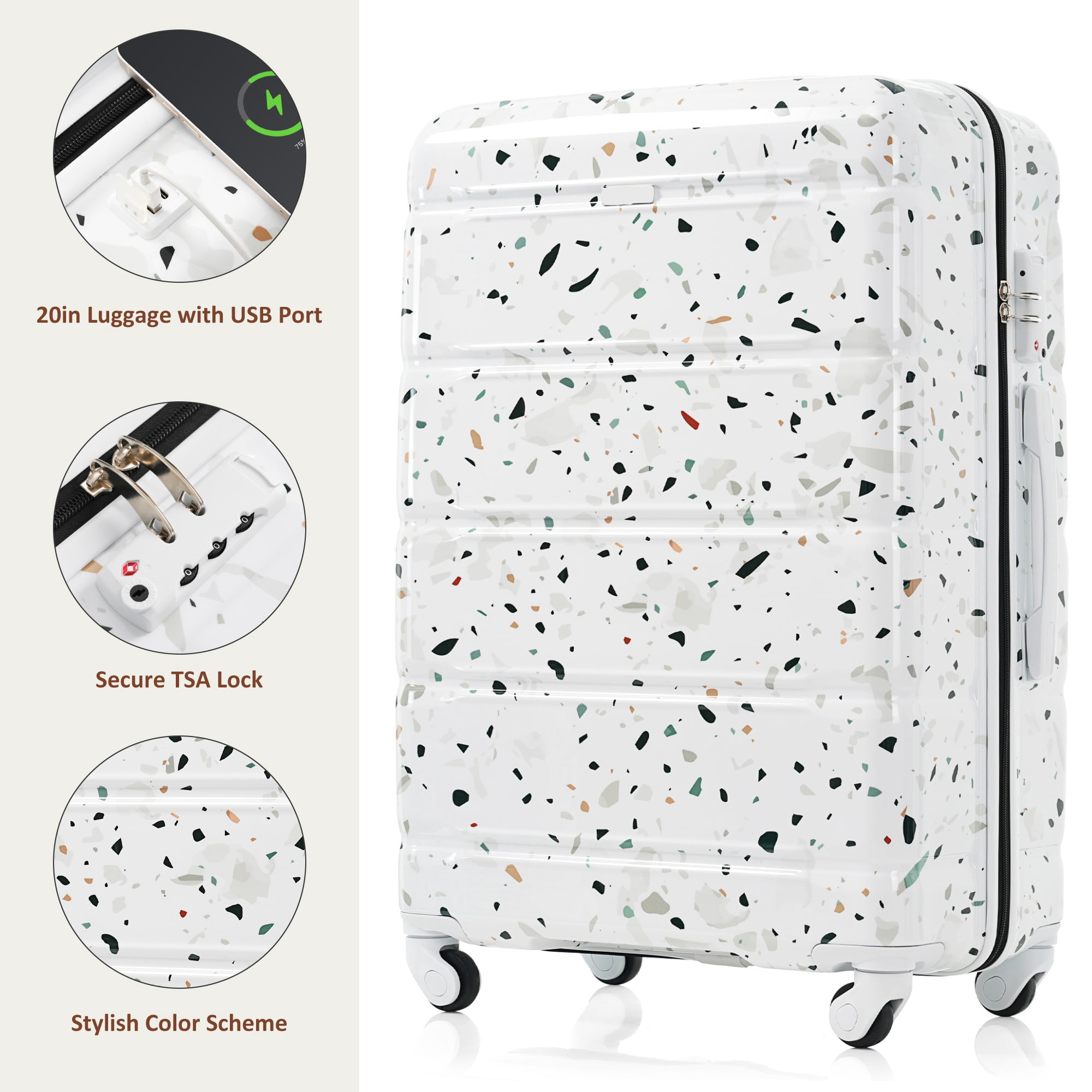 PAPROOS 3-Piece Luggage Set (20''/24''/28''), Hardshell Lightweight Suitcase with USB Port and Side Hooks, Travel Luggage with TSA-Lock, Hardside Rolling Luggage for School, Travel, White