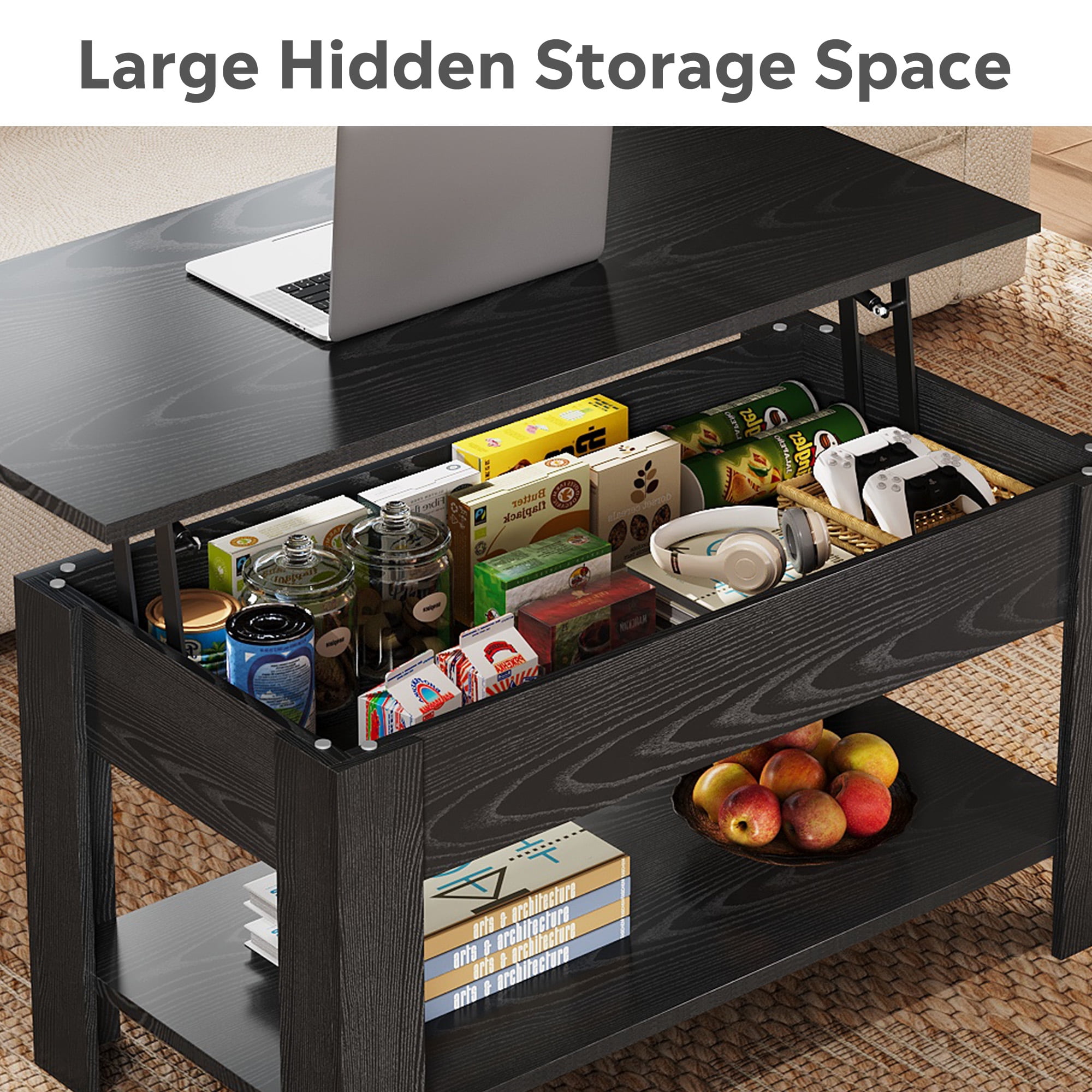 GALAXHERO 39" Lift Top Coffee Table with Storage Shelf & Hidden Compartment and Lifting Top for Home Living Room Office and Reception Room Black Oak