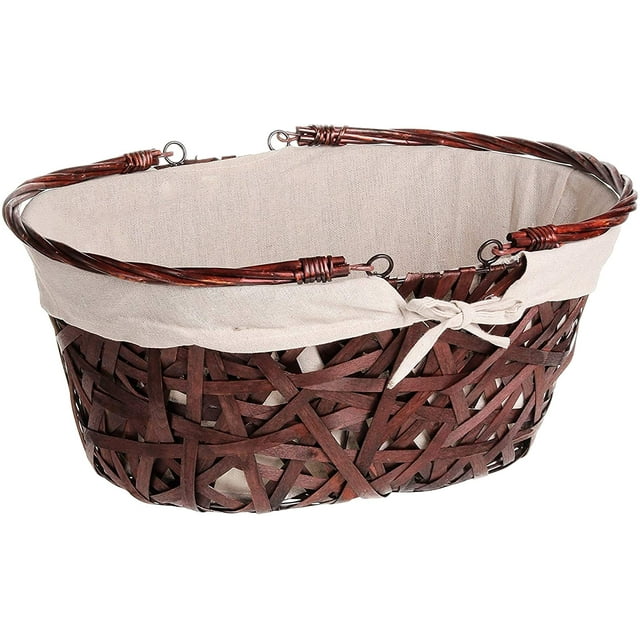 Large Size Oval Basket In Brown Wicker With Beige Fabric, Folding Handles