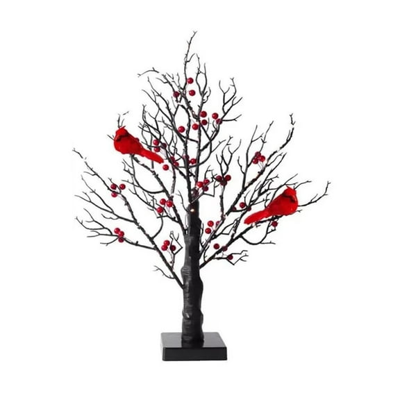 Artificial Decorative Tree with Red Cardinals and Berries, Realistic Tabletop Centerpiece for Home, Office, Holiday, and Seasonal Decor, 18 Inch Height, Black Base, Lifelike Branches