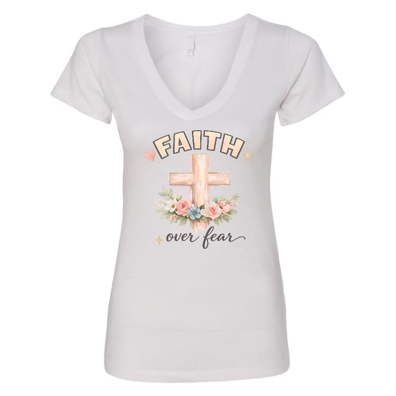 Inktastic Faith over Fear Christian Floral Cross Women's V-Neck T-Shirt