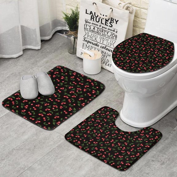 Black Christmas Cherry Pattern Bathroom Rugs Sets 3 Piece,Toilet Cover Set,Absorbent Non Slip Bathroom Mats Sets with U-Shaped Contour Rug Toilet Rug Set