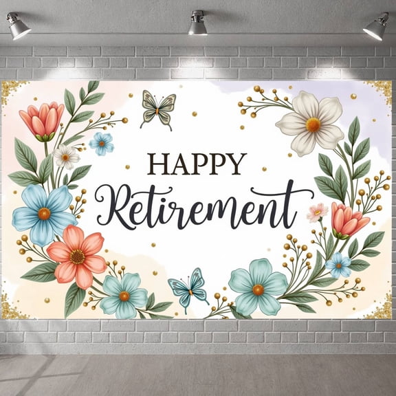 Pastel Floral Happy Retirement Banner Golden Glitter Retirement Backdrop Nature-inspired Elegant Retirement Display for Retirement Party Office Farewell Home Celebration