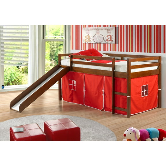 Donco Kids Twin Loft Bed with Red Tent and Slide, Espresso