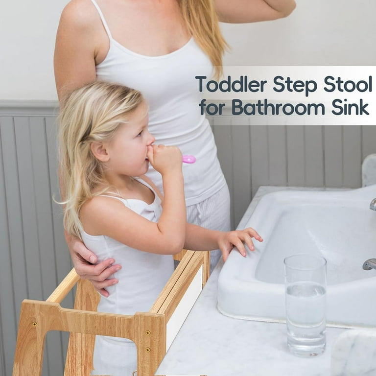 Kids Kitchen Step Stool with Whiteboard and Safety Rail Wooden Toddler Learning Standing Tower Anti Slip Platform Removable Step Stool for Kitchen