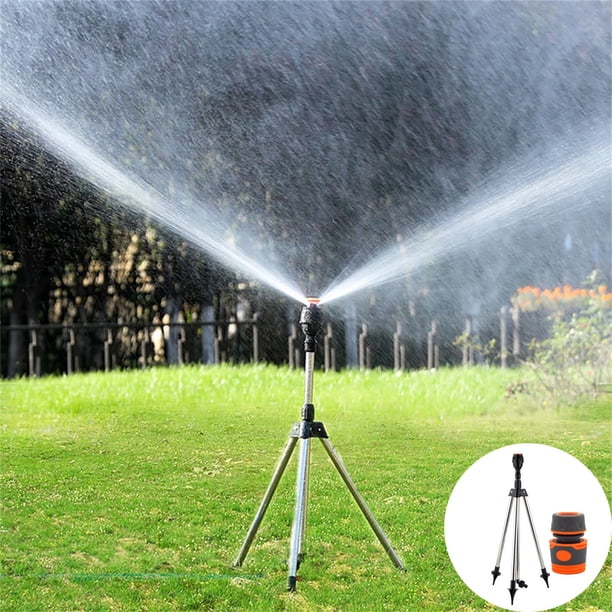 Aspersor de trípode giratorio de acero inoxidable con soporte telescópico y rotación automática de 360 grados.