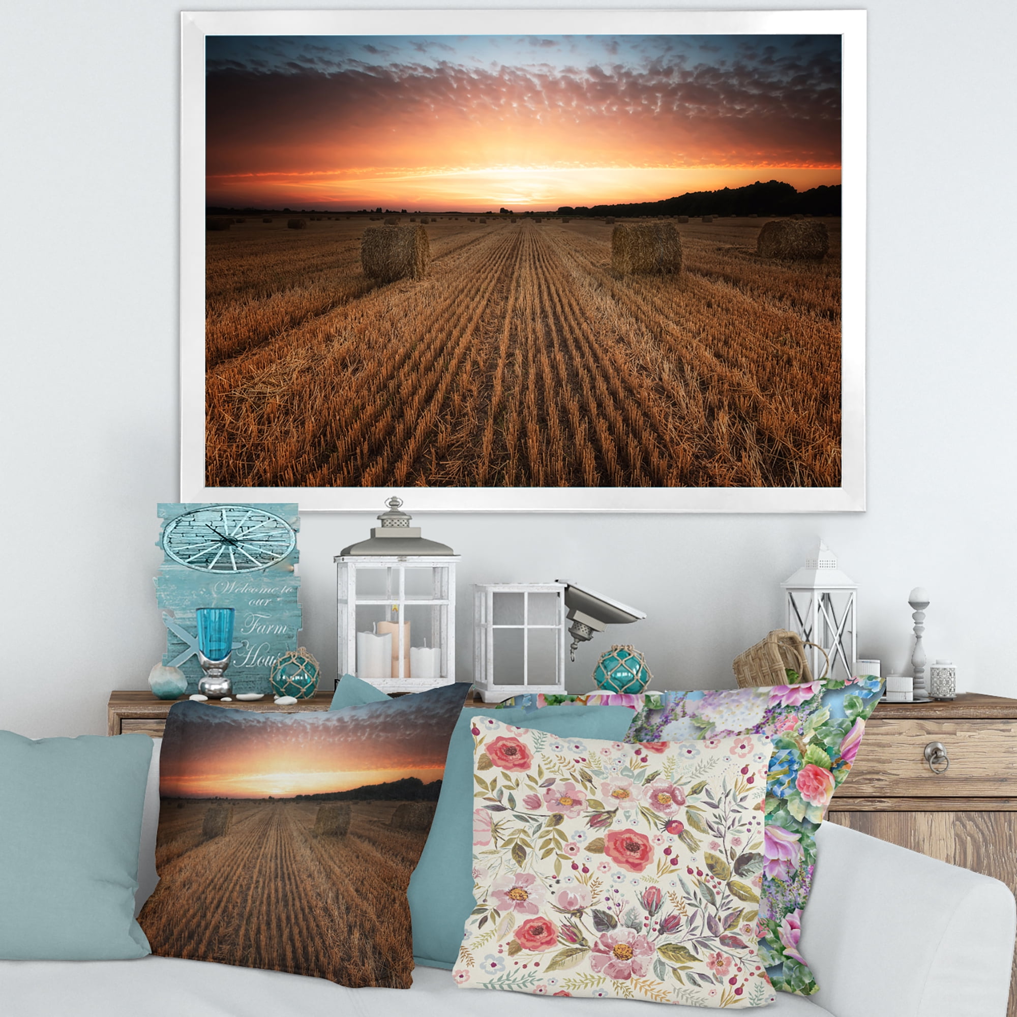 Designart 'A Field Full of Hay Bales At Sunset Landscape' Farmhouse Framed Art Print