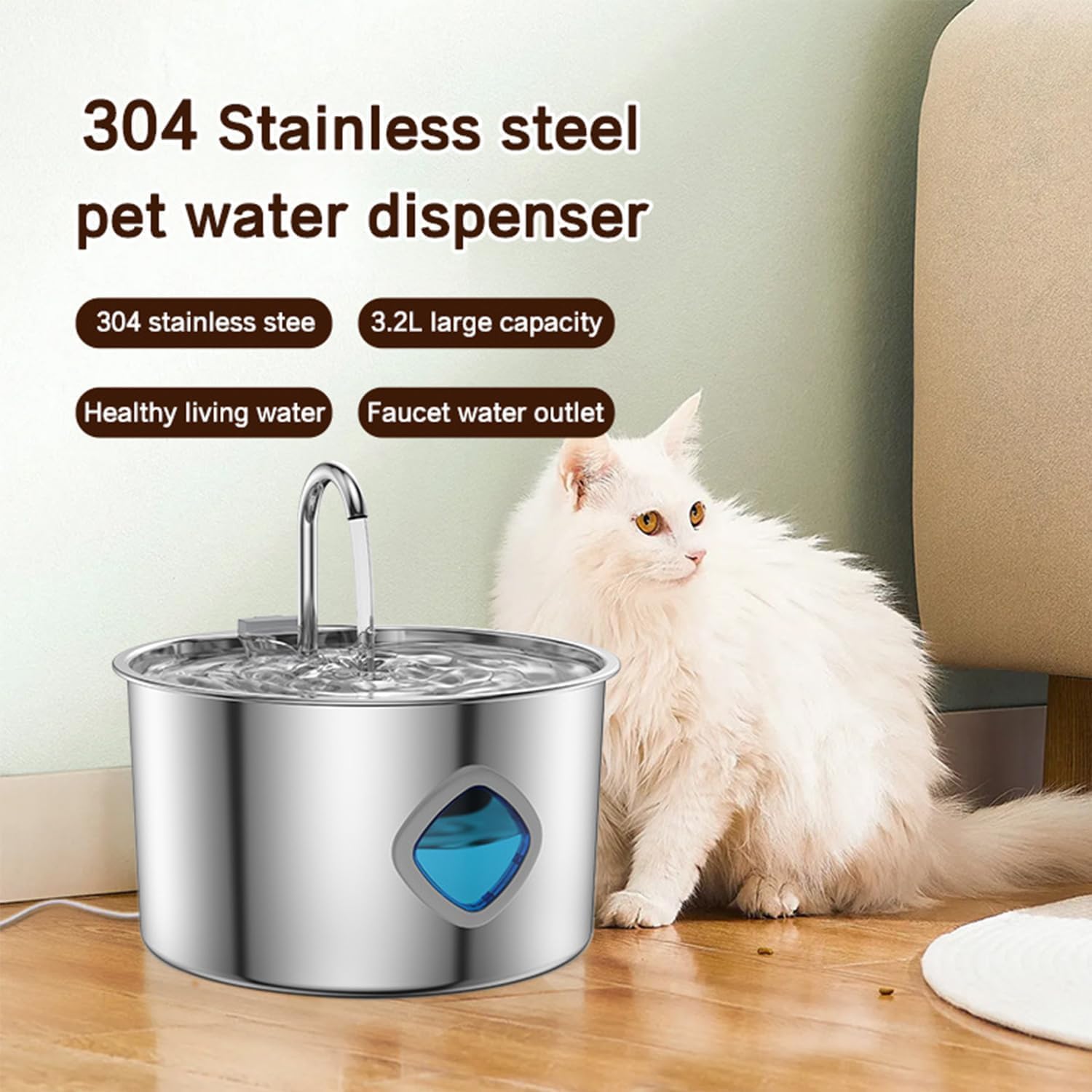 Vital Sip Cat Water Fountain - 108oz/3.2L Filtered Silent Stainless Steel Cat Faucet Fountain, VitalSip Dog Fountains with Water Level Viewing Window, Pet Drinking Fountains Indoor