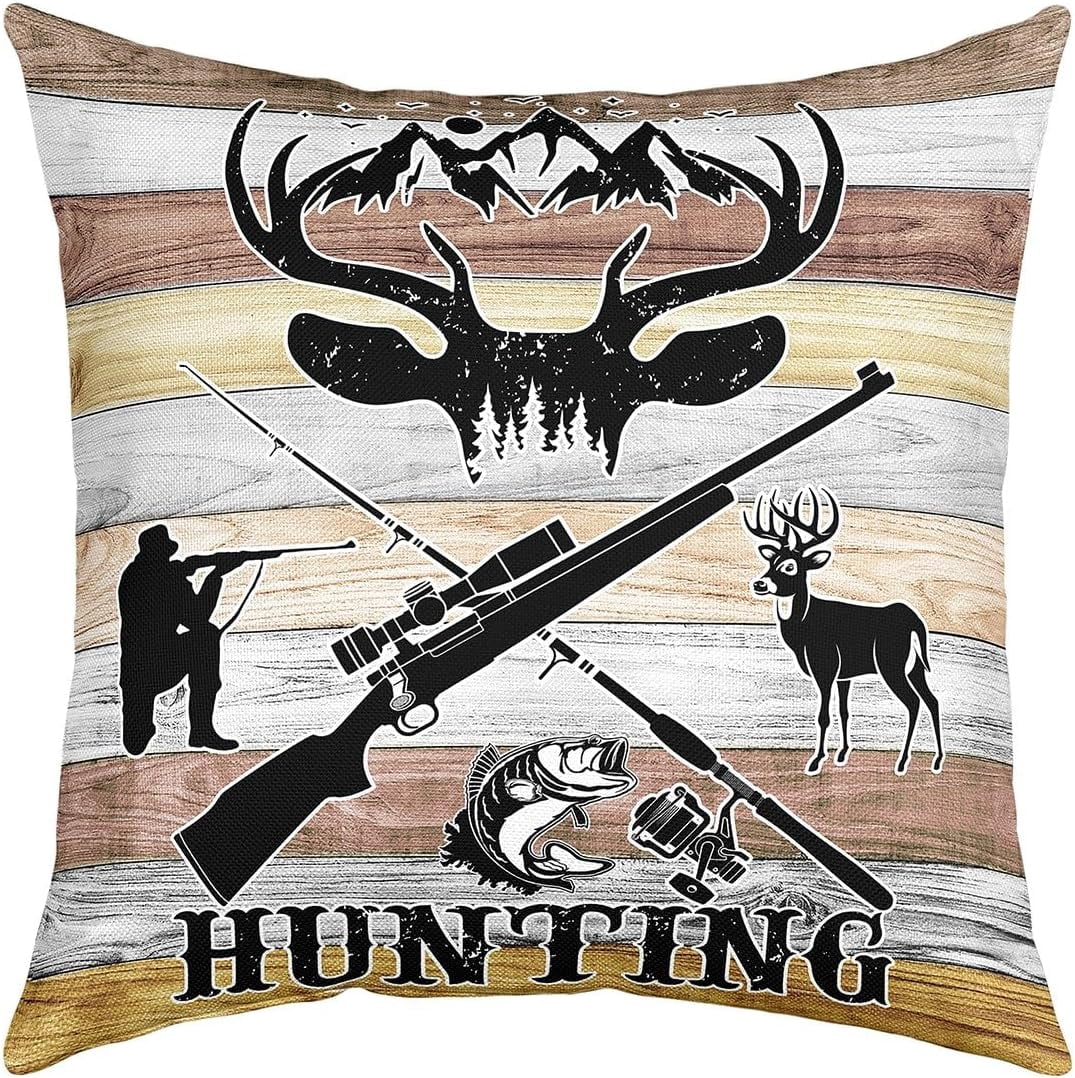 Hunting Animals Throw Pillow Cover 16x16 Inch,Rustic Farmhouse Cabin Cushion Cover,Pike Fish Deer Antler Decorative Square Pillow Case,Retro Shotgun Fishing Rod Pillow Cover