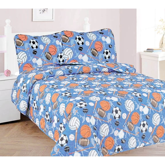 3-Piece Full Patchwork Sport Blue for Kids Microfiber Bedding Quilt Set, 1 Print Quilted Coverlet with 2 Matching Pillow Shams Included