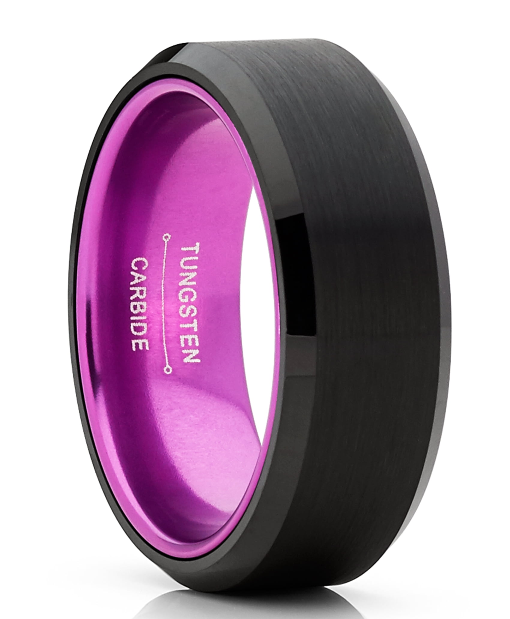 Black Tungsten Wedding Band Men's Ring Purple Interior Beveled Edge Brushed 8mm 10