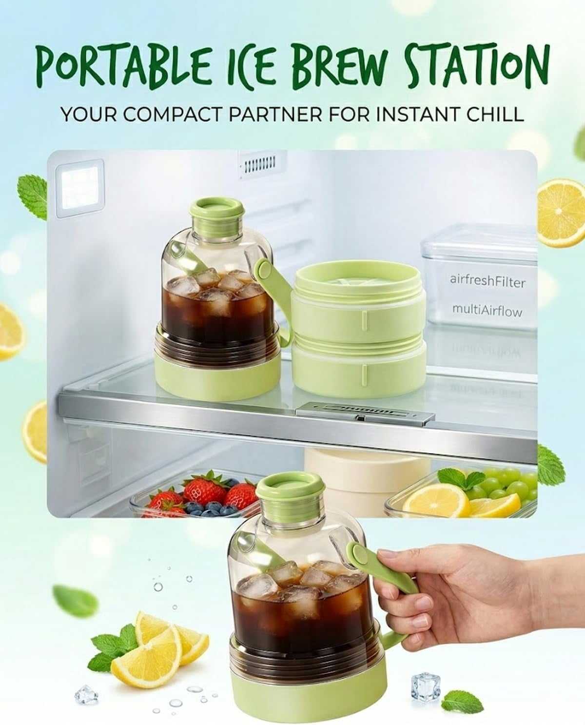 2-in-1 Water Bottle with Built-In Ice Tray – Transparent Portable Ice Maker Bottle, Easy-Release Silicone Cube Mold, Press-to-Release Square Ice Maker for Freezer, Drinks