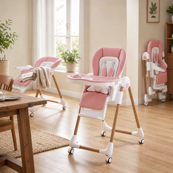 3-in-1 Convertible Foldable Baby High Chair, Toddler Feeding Chair with Safety Harness, Removable Soft Cushion & Easy-Clean Tray, Adjustable Height & Recline, Lockable Wheels