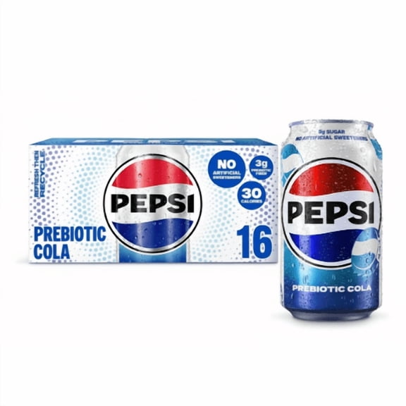 Pepsi Prebiotic Cola Soda Pop – 12 fl oz Cans, 16 Pack – Classic Cola Flavor with Prebiotics, Low Calorie Functional Soda