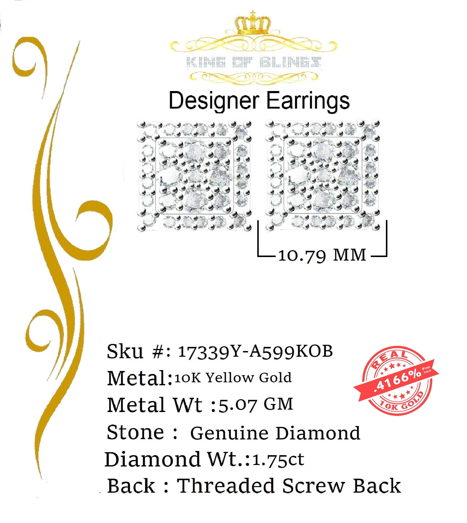 King of Bling's 10K Real Yellow Gold with 1.75ct Real Diamond Men's/Women's Stud Earrings
