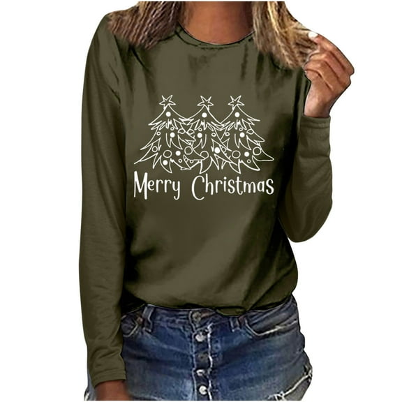Odeerbi Christmas Tops For Women Long Sleeve Blouses MERRY CHRISTMAS Tree Floral Print 2025 Casual Round Neck T-shirt Olive Drab