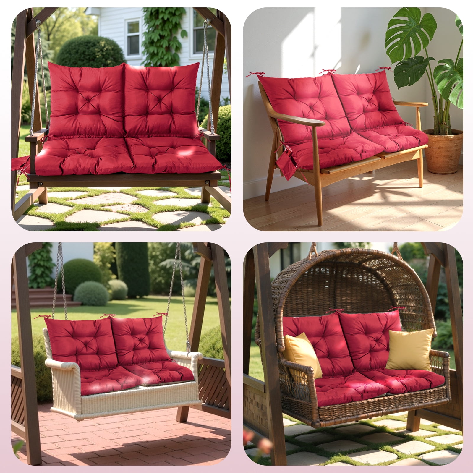 Outdoor Bench Cushion Inlife Swing Chair Cushion Waterproof Sun-Resistant with 8 Nonslip Ties, Wine Red 120cm*100cm