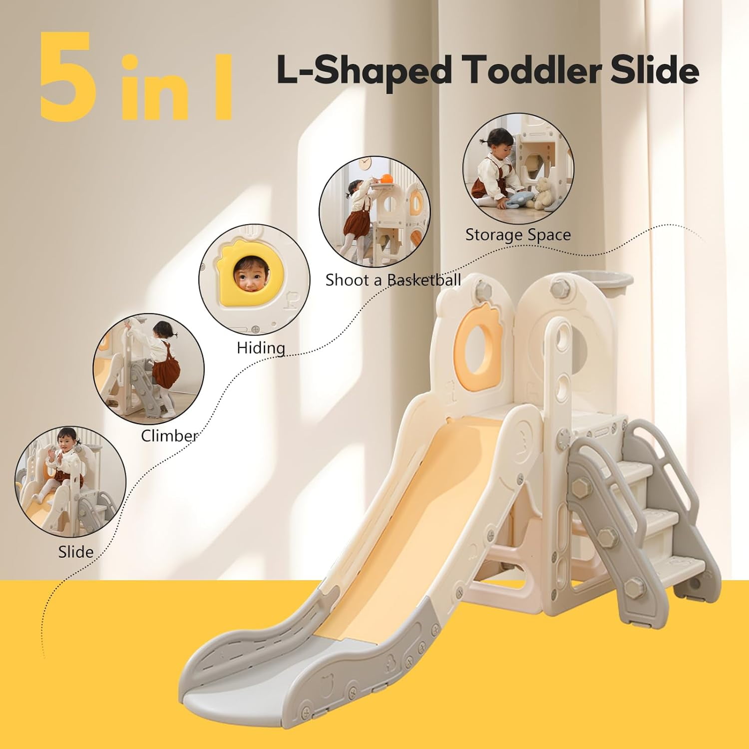 EAYSG 5 in 1 Toddler Slide,Freestanding Toddler Slide, L Shaped Slide with Basketball Hoop，Baby Climber for Indoor Outdoor(S/Beige Grey)