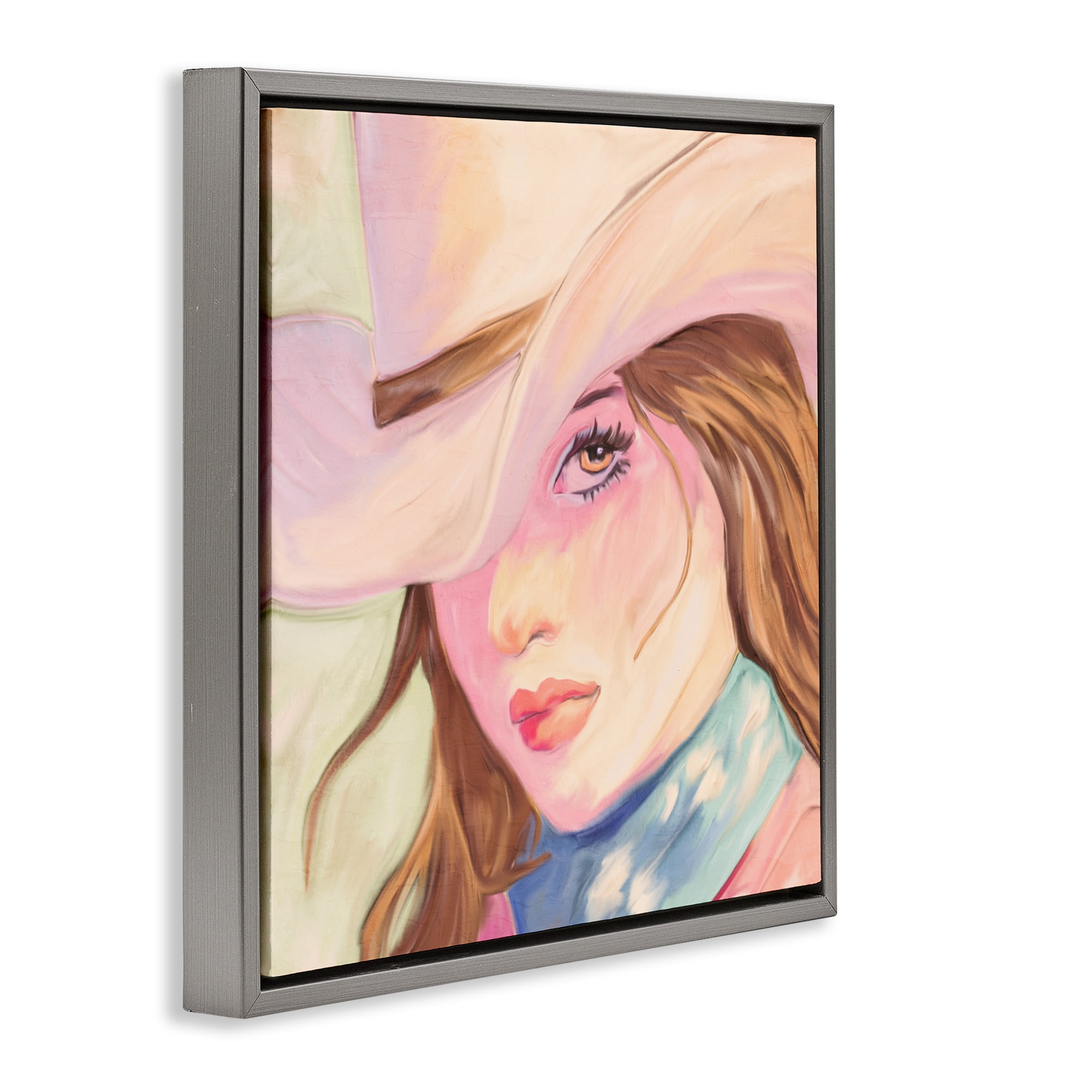 Pastel Cowgirl Brunette Gray Framed Floater Canvas Wall Art, design by Kim Allen