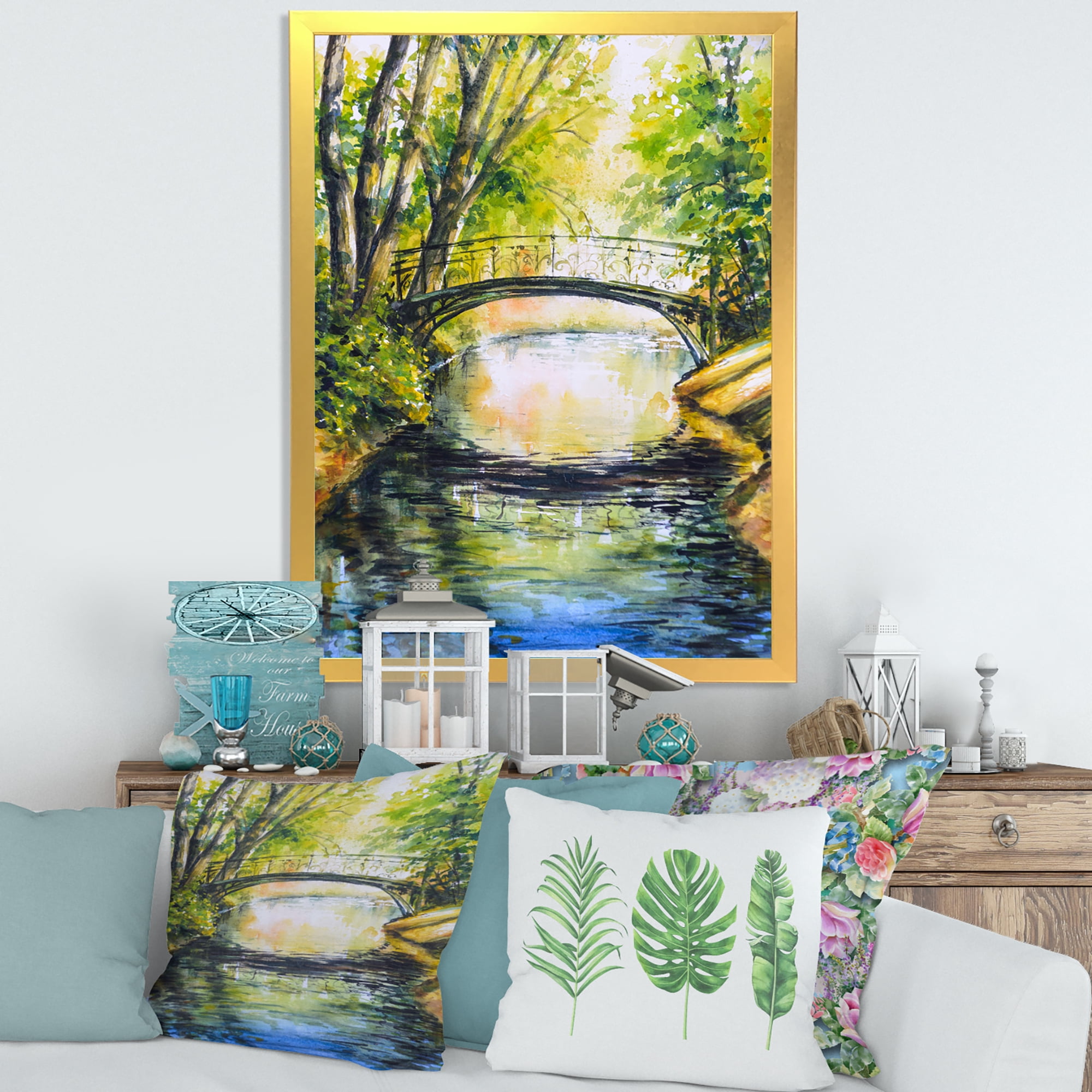 Designart 'Forest Park With Bridge Over Troubled Water' Lake House Framed Art Print