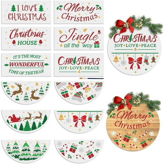 12 Piece Half Round Christmas Welcome Sign Stencil Set - 12 Inch Wood Painting Stencils Reusable Templates