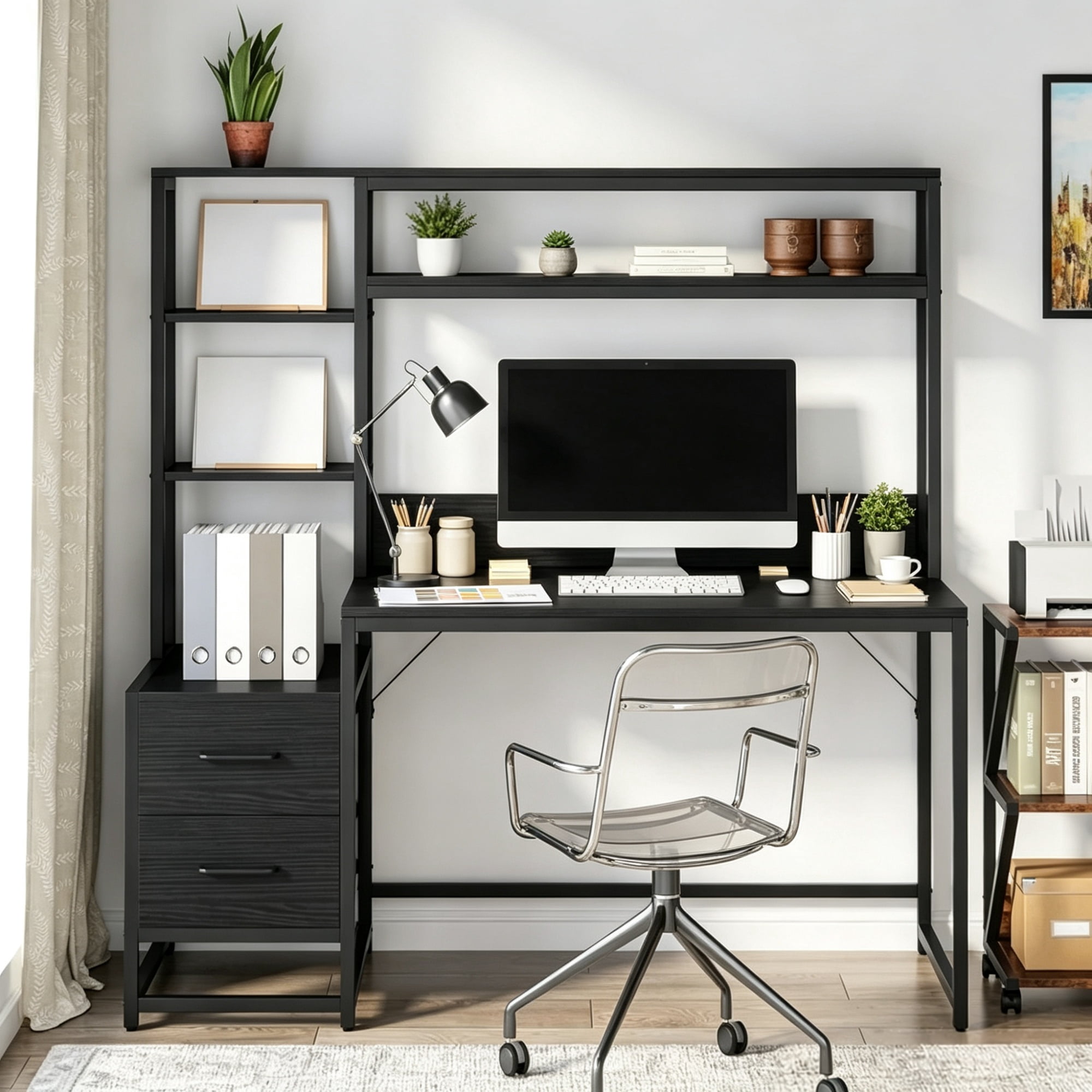 55 Inch Rustic Computer Desk with Drawers and Storage Shelves Home Office