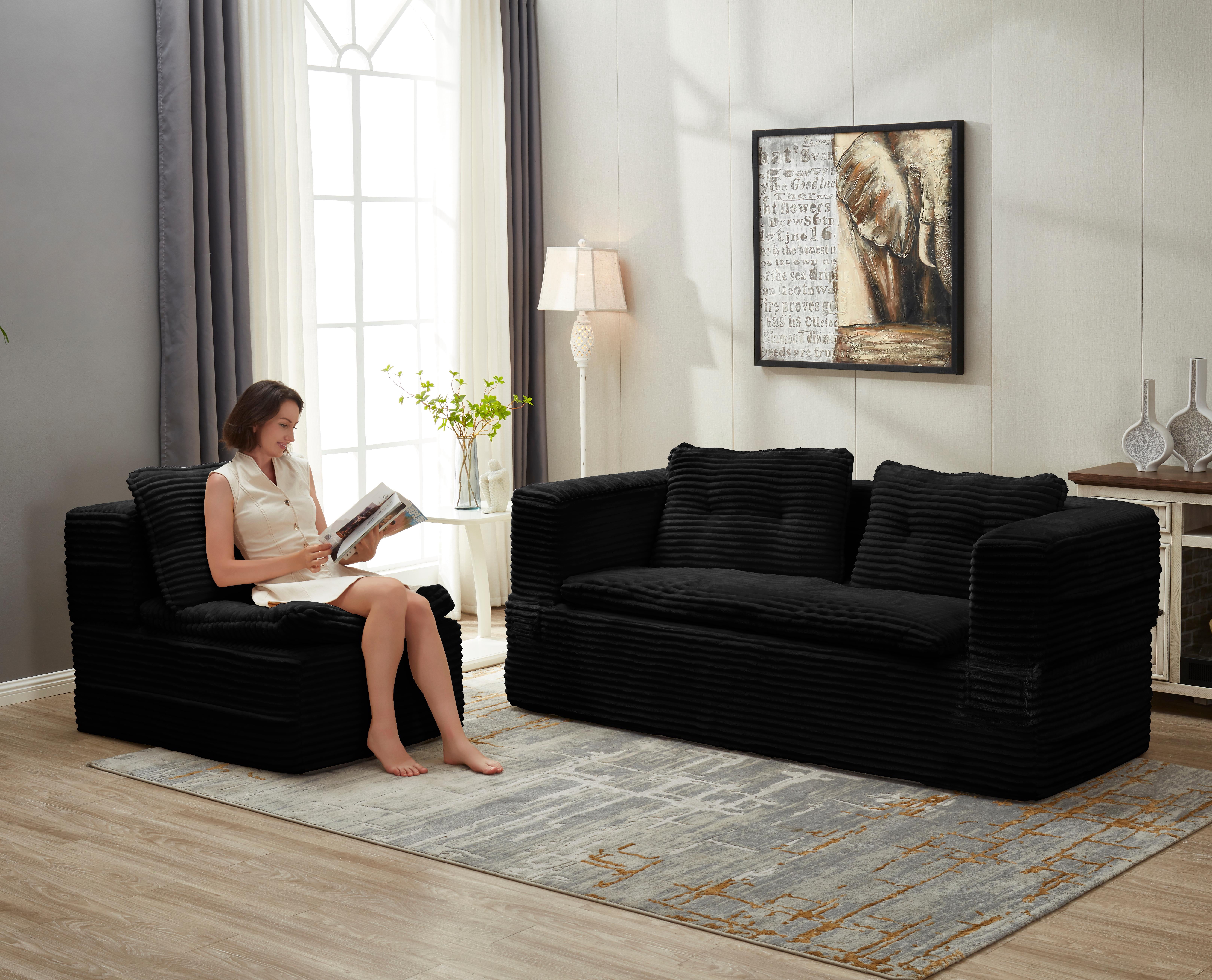 Anpport 80" King Size Convertible Sectional Sofa Bed, Plush Corduroy Deep Seat Couch with Chaise Lounge and Blanket, for Living Room Apartment, Black