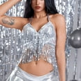 thumbnail image 2 of Felirenzacia Women's Sequined Tassel Fringe Halter Tank Top, Belly Dance Sparkly Glitter Camisole, Silver,Free Size, 2 of 8