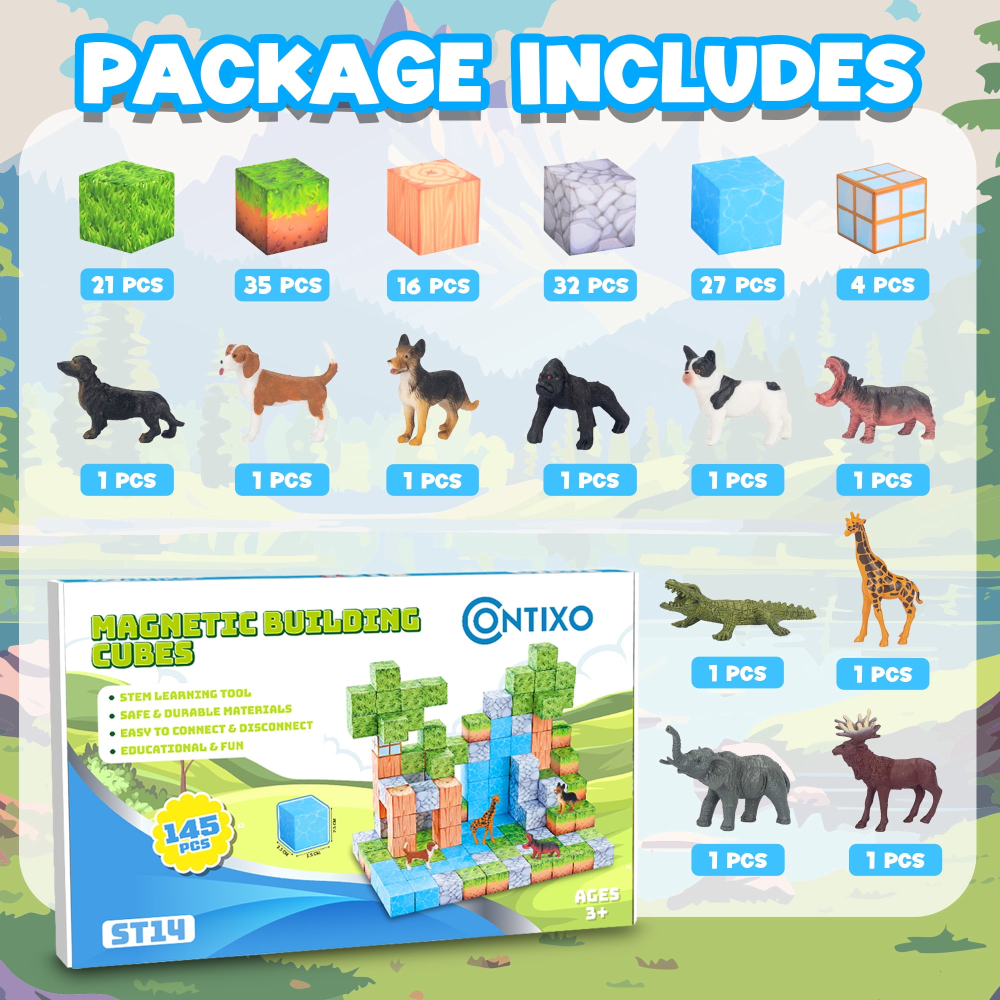 Contixo Magnetic Building Blocks Set for Kids, STEM and Creative Play Magnetic Toys with Animal Figures, 145-Piece
