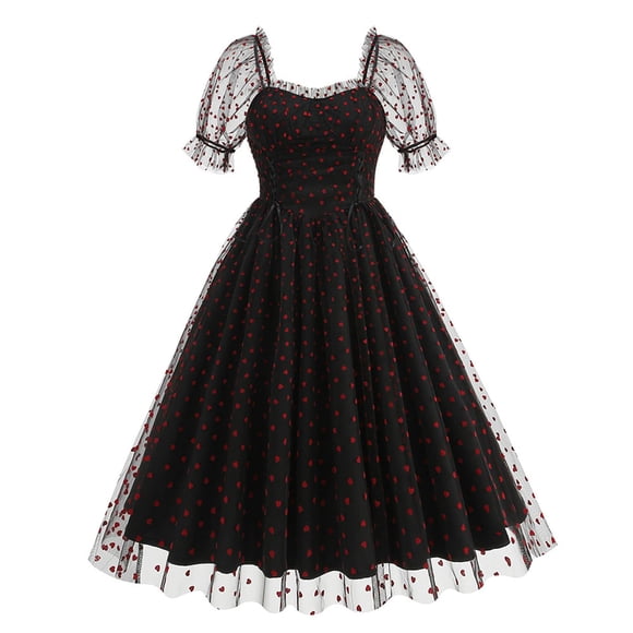 hotojiny Cocktail Dresses for Women Renaissance Vintage Mesh Puff Short Sleeve Midi Dress Retro Heart A-Line Flowy Party Dresses