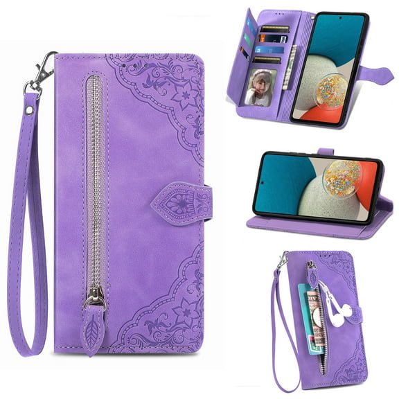 Feishell Case For Samsung Galaxy A04E, Embossed Card Slots Retro Leather Wallet Shockproof Flip Cover with Hand Strap Card Slots Zipper Pocket Kickstand Handbag Magnetic Closure, Purple