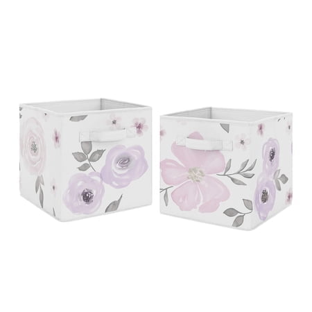 Sweet Jojo Designs Bacs de Rangement Lavande Violet Rose Gris et Blanc pour Collection Florale Aquarelle - Ensemble de 2 - Rose Fleur