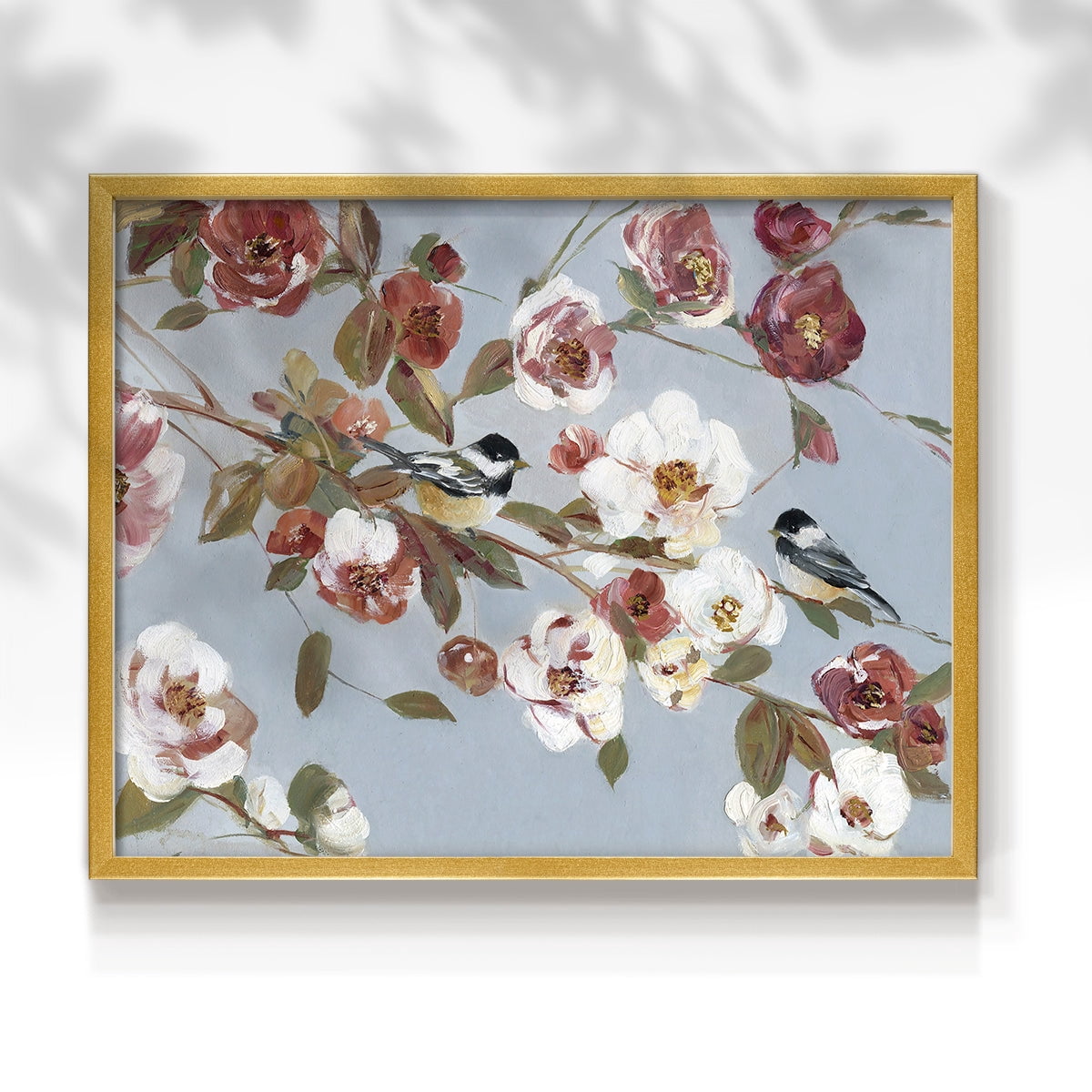 Chickadees and Blossoms II by Sally Swatland - Restickable Framed Giclée Print