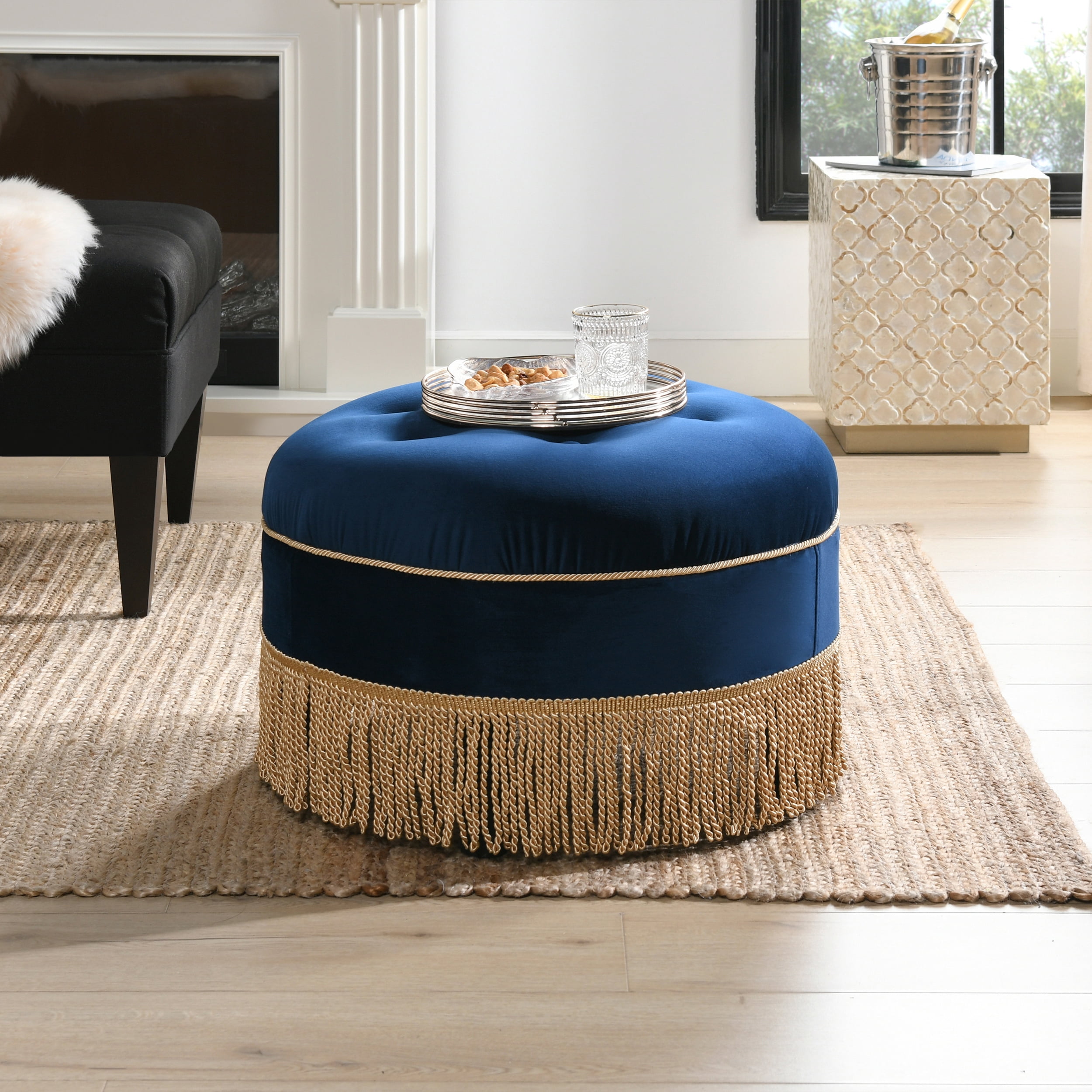 Yolanda Upholstered Round Accent Ottoman Navy Blue Velvet with Gold Trim
