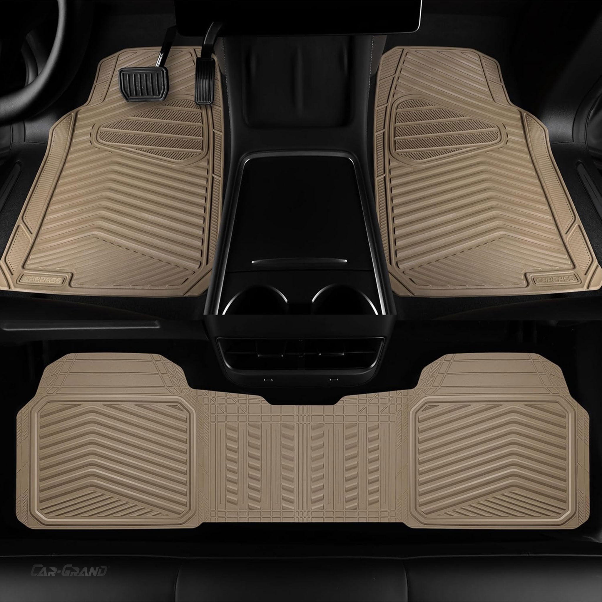 CAR GRAND Rubber Car Floor Mats, All Season All Weather Waterproof Automotive Mats Full Set 3 Pieces, Trim to Fit for Cars Sedans SUVs Trucks, Anti-Slip Easy Clean, All Beige