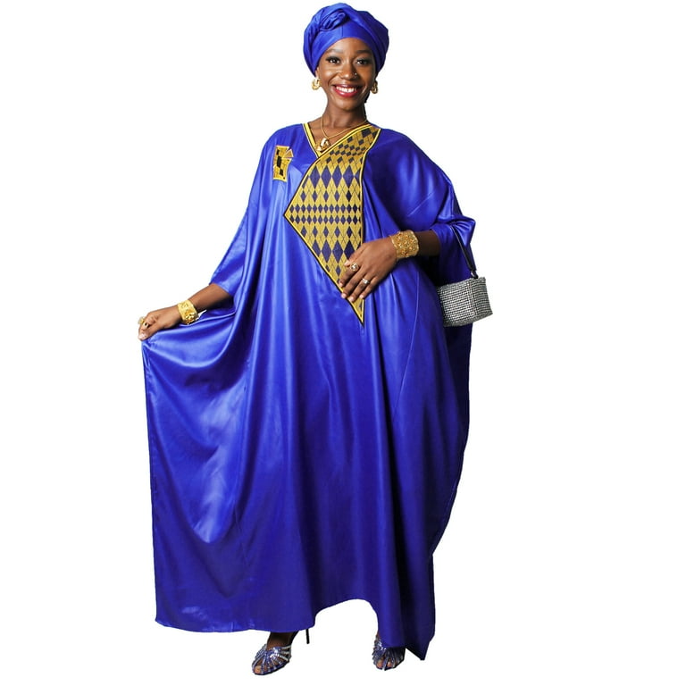 Tidoirsa African Dress for Women Elegant Embroidery V Neck Batwing Navy Blue Dress with Scarf Women s Size One Size