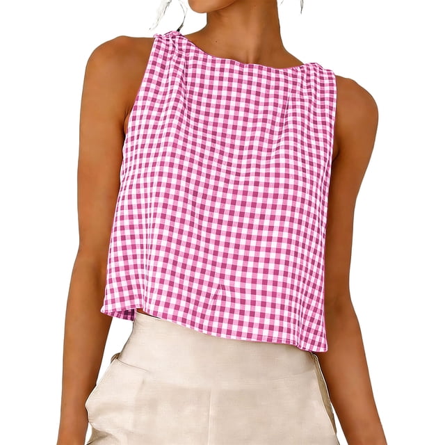 FAVIPT Hauts Sans Manches en Coton pour Femmes, T-Shirts à Carreaux à Col Rond Boutonnés, Printemps Été, Décontractés et Amples 2026 Rose,P