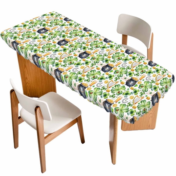 St. Patrick's Day Table Cloths for 8 Foot Rectangle Tables, Lucky Shamrocks Harp Beer Horseshoes Envelope Patio Waterproof Elastic Fitted Tablecloths, Washable Rectangular Table Cover for Camping