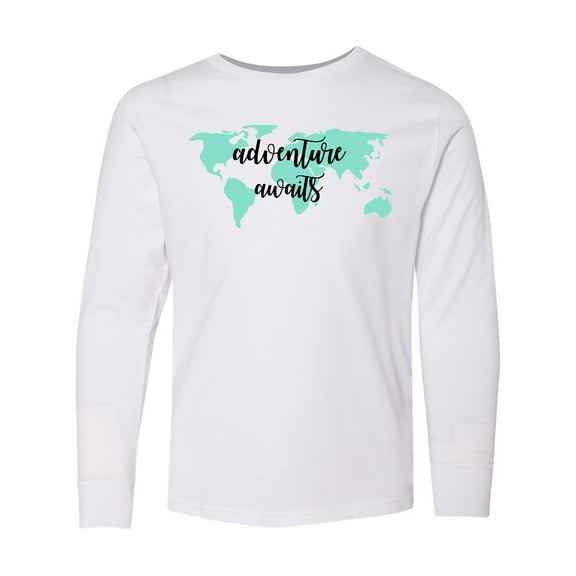 Inktastic Adventure Awaits Teal World Map Long Sleeve Youth T-Shirt