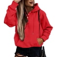 thumbnail image 2 of Pullover Sweater Vest Women Fall Winter Loose Fit Hooded Long-sleeved Bubble One Shoulder with Pocket Solid Color Hoodie Cotton Hoodies Sweatshirts( Red,M), 2 of 5