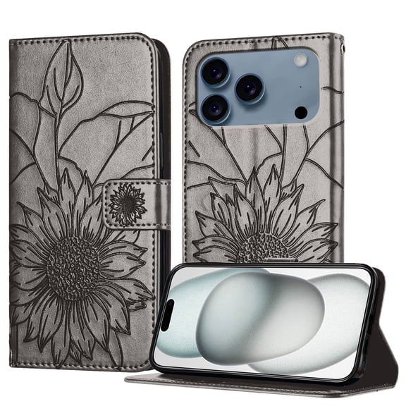 Luxury Embossed Floral Wallet Case for iPhone 17 Pro, PU Leather TPU Flip Cover with Card Slots Kickstand Magnetic Closure Shockproof Full Body Protection for Women & Girls, Gray