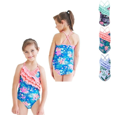 

Esho Girls Summer One-Piece Swimsuits Strap Bathing Suit Toddler Teenage Girl Ruffled Floral Swimwear Beach Wear 4-12 Years