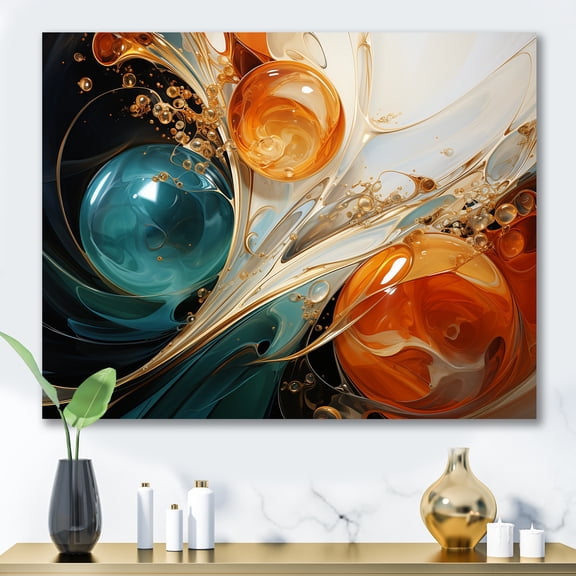Designart "Planet Waves Orange and Gold Symphony IV" Abstract Wall Art - Modern Orange Abstract Painting Hallway Wall Art Decor